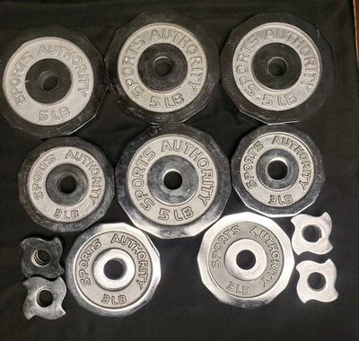 Set Chrome Sports Authority Standard Size Barbell Weight Plates 32 Lbs RARE 5 3 - Image 1 of 4