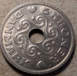 Dänemark 5 Kronen 1990 Herz Münze mit Loch - Bild 1 von 2