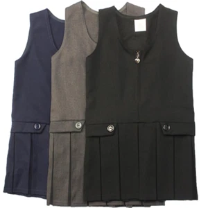 Girls Pinafore Box Pleated School Uniform School Dress Two Button Pinafore Skirt - Picture 1 of 7