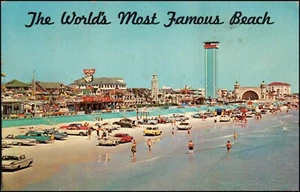Daytona Beach FL Boardwalk Bandshell Clock Tower Fun Centers Old Cars Postcard - Picture 1 of 2