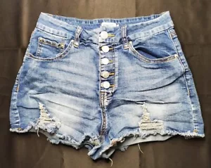Pantalones cortos de mezclilla azul para mujer Rue21 Distressed Stretch Button Fly Size 8 - Imagen 1 de 9