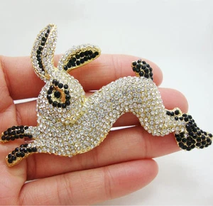 New Vintage Style Black Rabbit Animal Art Nouveau Brooch Pin Crystal Rhinestone - Picture 1 of 4