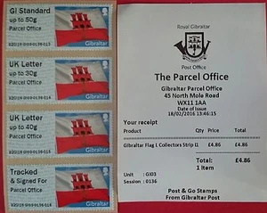 POST & GO - GI03 - GIBRALTAR FLAGGE "THE PACKAGE OFFICE" - NEUER STIL 4 STREIFEN - Bild 1 von 2