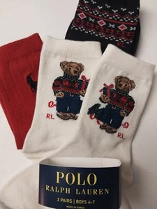 BOYS 4-7 Polo Ralph Lauren HOLIDAY POLO BEAR Crew Socks Size 10-13 shoe 3-PAIR - Picture 1 of 4