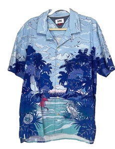 Camisa Tommy Jeans Abotonada Para Hombre Talla XL Algodón Azul Tropical Flamencos Hilfiger - Imagen 1 de 9