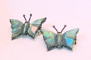 PLATA ESTERLINA MÉXICO PAR MARIPOSA PRENDEDORES BROCHES CONCHA DE ABULÓN - Imagen 1 de 5