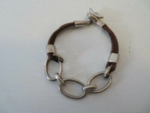 WOMENS UBU PARIS BROWN LEATHER CORD SILVER PLATED TOGGLE BRACELET 7" * - Picture 1 of 3