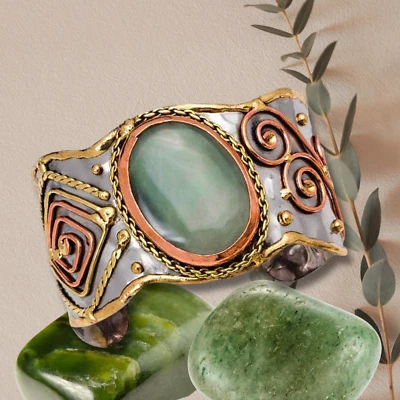 Brazalete de piedras preciosas Anju grueso de aventurina, brazalete de metal mezclado Foto 1 de 2