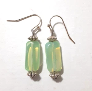 Green Glass Bead Dangle Earrings Silver 10mm 1.5 inch - Picture 1 of 4