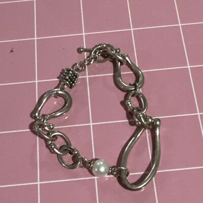 Signed Michael Dawkins Sterling Silver Link Pearl Toggle Bracelet Weight 24g - Image 1 of 4