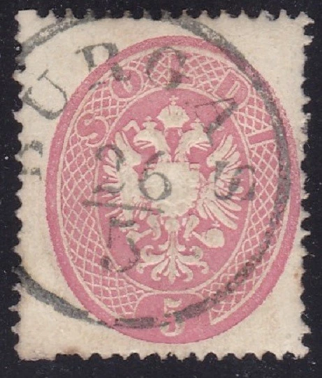 1863 LOMBARDO VENETO, No. 5 pink money CANCELLATION BURGAS Points 12 Signed Sora - Image 1 of 2