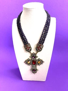 Heidi Daus Cross With Colorful Crystals Purple Beads Bronze Tone - Picture 1 of 12