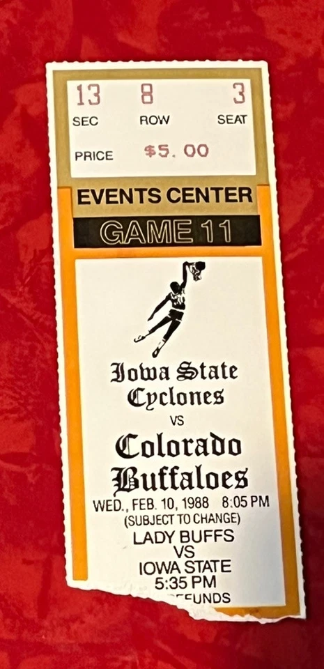 1988 COLORADO -IOWA STATE BASKETBALL TICKET STUB 2/10/1988 EVENTS CENTER BOULDER - Image 1 of 1