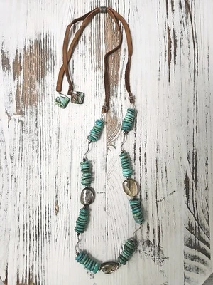 Turquoise And Abalone Shell Leather Necklace Adjustable Silver Tone (B1) - Image 1 of 3