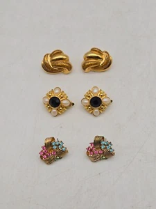 Vintage Gold Tone Earrings Lot of 3 Pair Enamel Rhinestone Faux Onyx Pearl - Picture 1 of 24