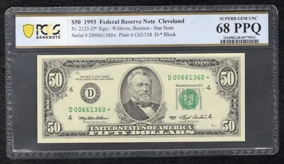 FR. 2125-D* 1993 $50 *STAR* FRN CLEVELAND, OH PCGS BANKNOTE GEM UNC-68PPQ (AG) - Image 1 of 2