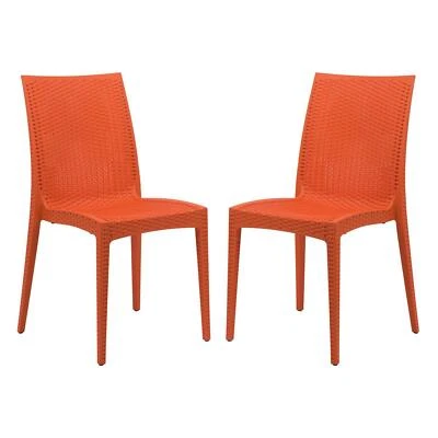 LeisureMod Weave Mace Indoor/Outdoor Dining Chair - Set of 2 Orange Armless - Image 1 of 4