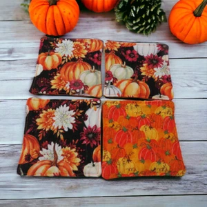 Fabric Coasters Set Of 4 Reversible With Orange Pumpkins - Picture 1 of 6