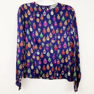 Vintage Carlisle Silk Faberge Ornament Blouse Size 6 Navy Long Sleeve Novelty - Picture 1 of 11