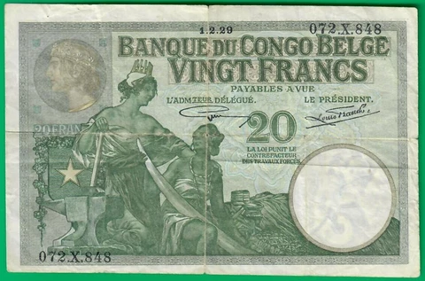 Belgian Congo 20 francs 1929, P10f, w/out place of issue, repaired & presentable Cover