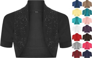 Neu Damen Perlen kurze Kappe Ärmel kurz geschnitten Achselzucken Bolero Cardigan Top Größe 8-14 - Bild 1 von 17