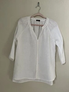 Lungo Larno Top Women White Hem Embroidered 100% Linen lagenlook LARGE Italy - Picture 1 of 9