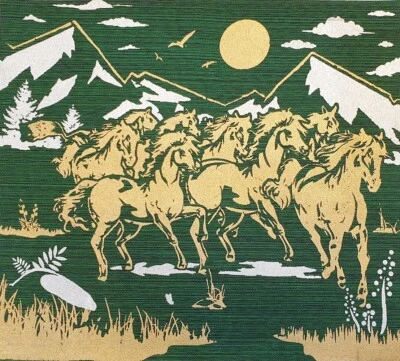 Green Thai Silk Art Poster Print 8 Running Horses Paint Animal Asian Home Decor - Image 1 of 4