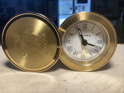 Mayor’s Germany Round Gold Plated Travel/Desk Alarm Clock GUC + 2 New Batteries Cover