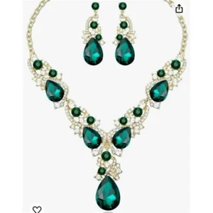 Emerald Green Crystal Bridal Necklace Earrings Set Costume Jewelry Wedding Party - Picture 1 of 4