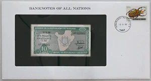 Burundi 1990 10 Francs note (1989) Bank of all nations. 1,5 Franc stamp canc. RC - Picture 1 of 2
