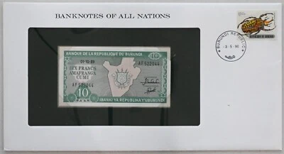 Burundi 1990 10 Francs note (1989) Bank of all nations. 1,5 Franc stamp canc. RC - Image 1 of 2