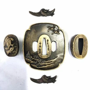 Graceful Set Bird Tsuba Menuki Fuchi Kashira For Japanese Katana Sword Wakizashi - Picture 1 of 6