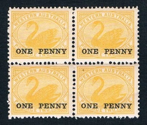 Western Aust. • 1912 • Bloque de 4 x 2d Cisne Amarillo Recargado UN CENTAVO • SG 172 - Imagen 1 de 2
