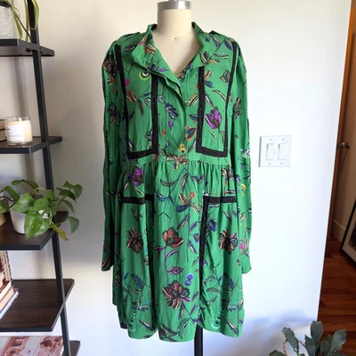 Vestido Camisa Derek Lam Manga Larga Media Tapeta 100% Seda Floral-Encaje Ribete-Talla 16 Foto 1 de 4