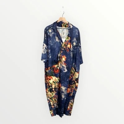 Buykud Red Blue Floral Print Drape 3/4 Sleeve Kimono Dress Size XL Art To Wear - Image 1 of 4