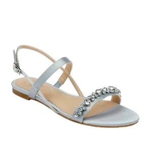 Badgley Mischka Osmond flache Kristall-Sandalen hellblau Satin verziert Größe 9 - Bild 1 von 15