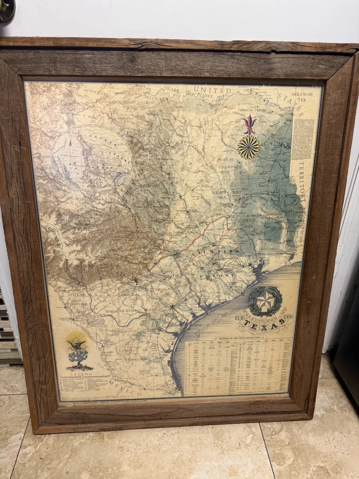 Vintage 1836 Revolutionary Map of Texas - Framed Historical Wall Art rustic - Image 1 of 4
