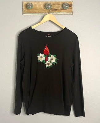 Mercer Street Studio Women M  Black Long Sleeve Top Cardinal  Beaded Christmas - Image 1 of 4