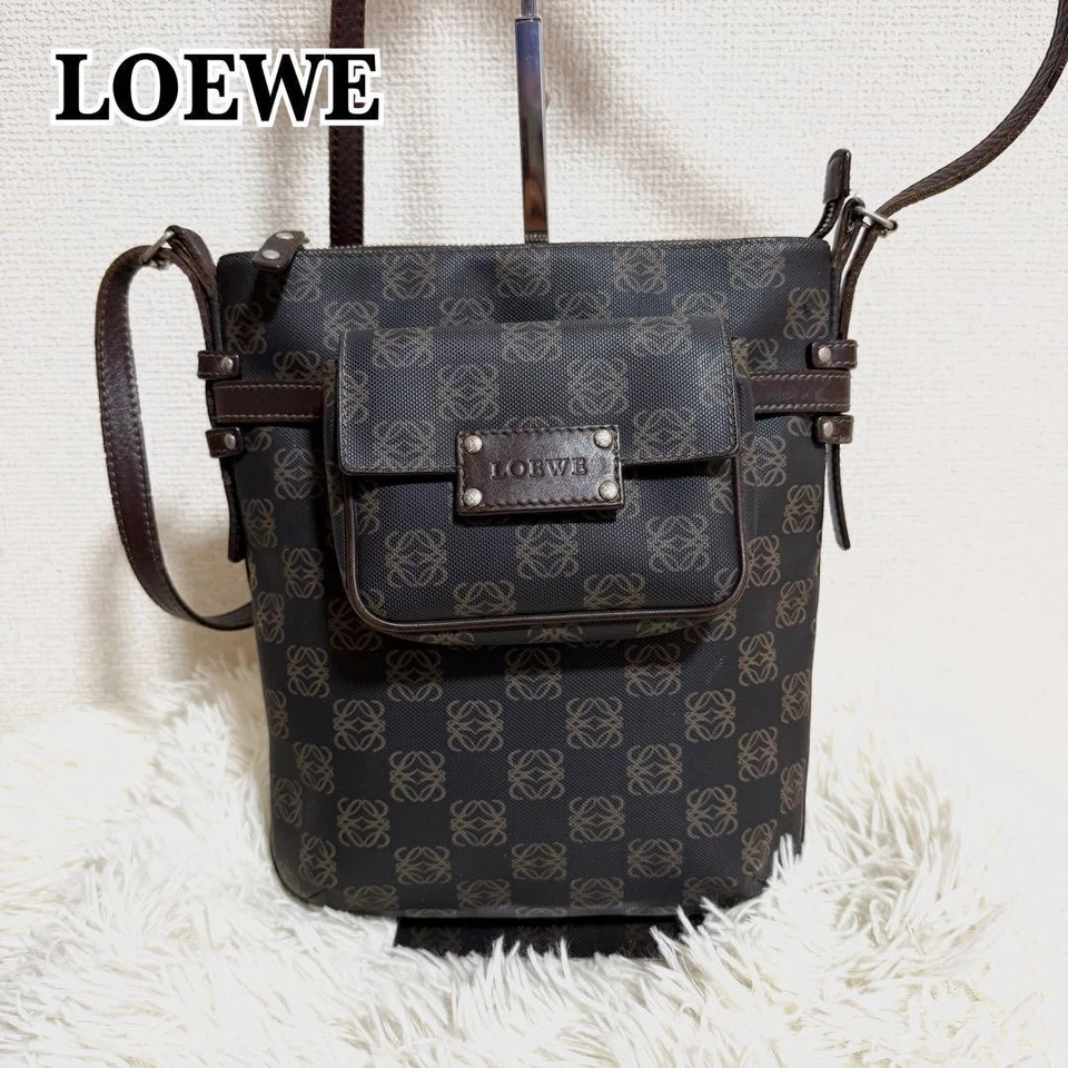 LOEWE Anagram Pattern Mini Pouch Shoulder Bag PVC Brown Old Authentic - Image 1 of 4