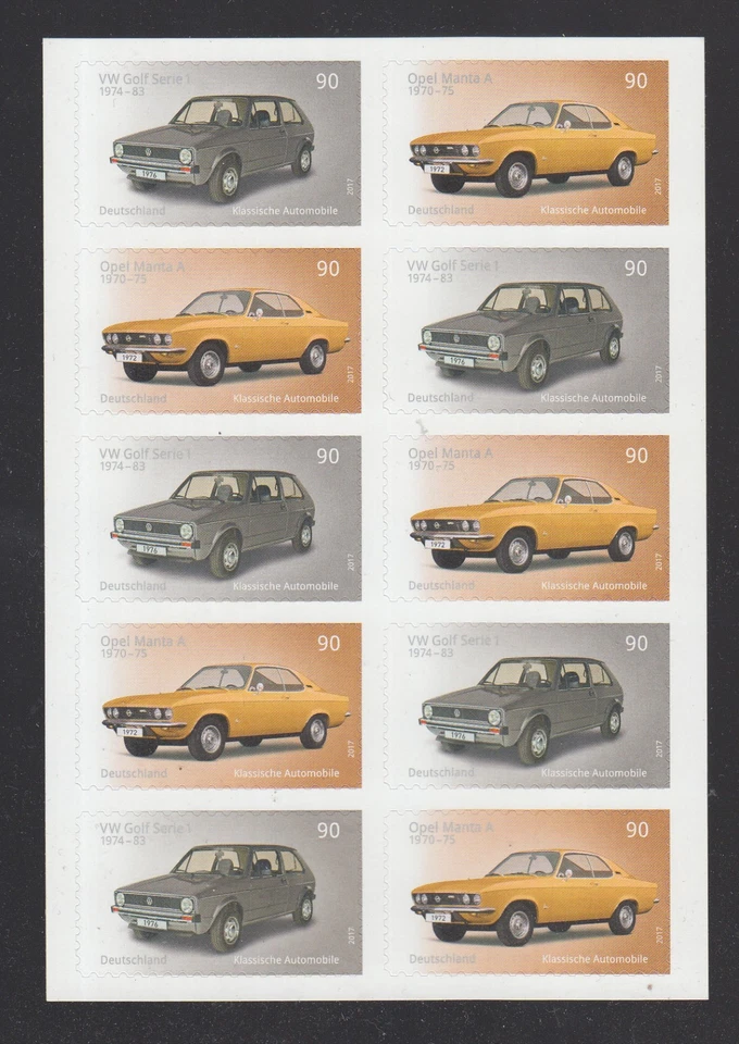 Germany 2017  - Classic Cars: Opel Manta & Golf I  Sheet 10 MNH Stamps skl - Image 1 of 1