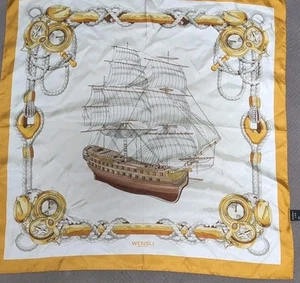 Wensli Scarf 100% Mulberry Silk Double-sided Nautical Ship Print - Picture 1 of 8