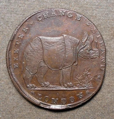 Grã-Bretanha Halfpenny Middlesex 416a, Pidcock’s Exhibition, Elephant & Rhino, - Imagem 1 de 4