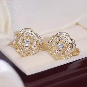 2Ct Real Moissanite Round Cut Flower Women's Stud Earring 14K Yellow Gold Plated - Picture 1 of 6