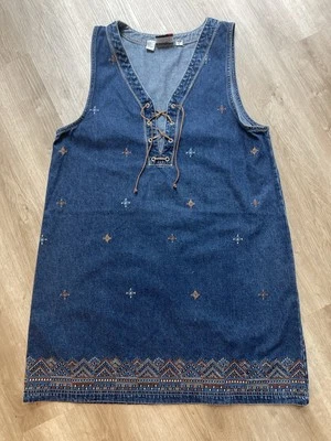 Vintage J.L. Vestido Denim Nueva York Talla L Boho Bordado Con Cordones Túnica 100% Algodón Foto 1 de 4