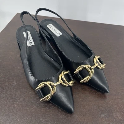 Steve Madden Feminino Caitie Tamanho 6 Couro Salto Baixo Preto Dourado Hardware - Imagem 1 de 4