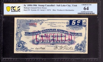 1898 5c BISHOPS GENERAL STORE HOUSE SALT LAKE CITY UTAH OBSOLETE SCRIP PCGS 64 - Image 1 of 2