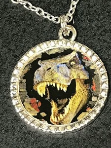 Dinosaur Tyrannosaurus Rex Charm Round Glass Tibetan Silver with 18" Necklace B - Picture 1 of 4