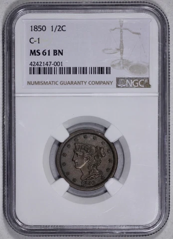 1850 Half Cent 1/2c NGC MS 61 BN C-1 Braided Hair Cover