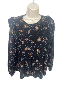 LOFT Women's Size XS Black Floral Long Sleeve Blouse Keyhole Back - Picture 1 of 13