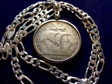 1954 PORTUGAL 10 SILVER ESCUDO SHIP PENDANT, 22" ITALY .925 SILVER LINK CHAIN>